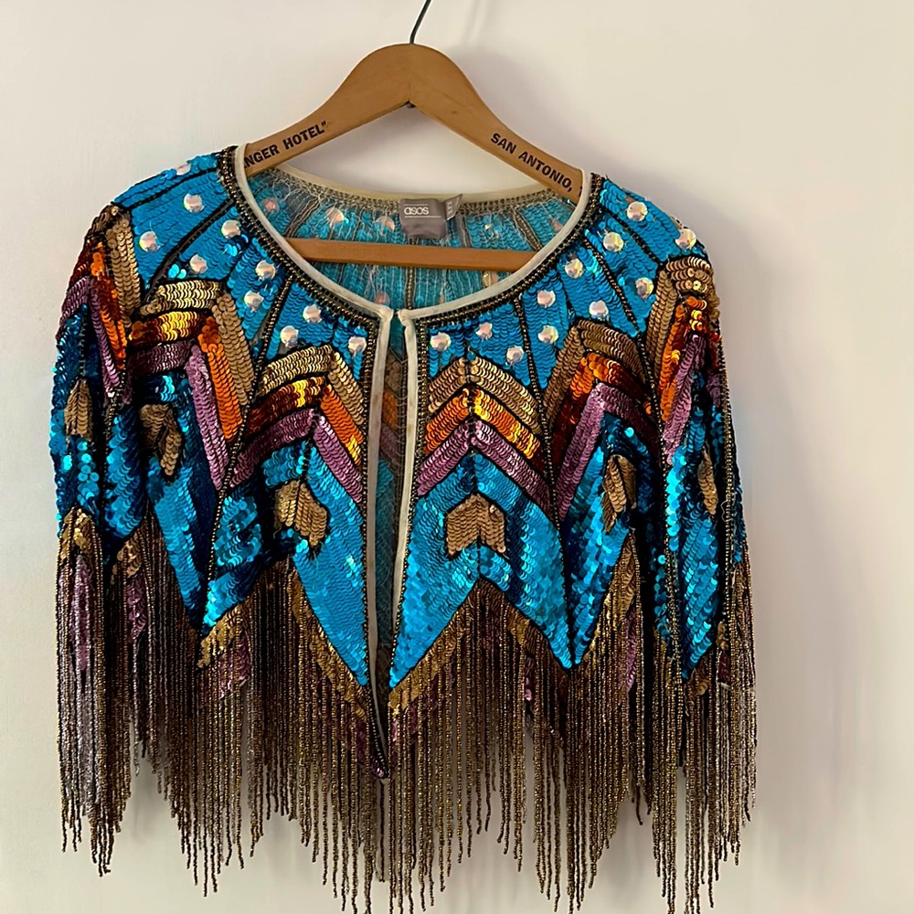 Sequin peacock-inspired ASOS cape, beautiful blue + gold + burnt orange, U.S. 2